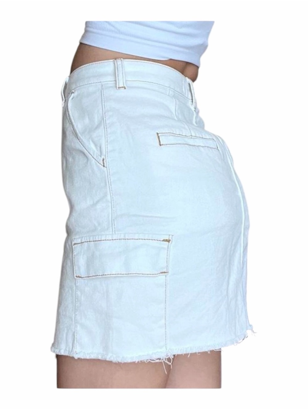 Hollister Size 0 High Waist White Denim Cargo Mini Skirt Frayed Raw Hem Y2K